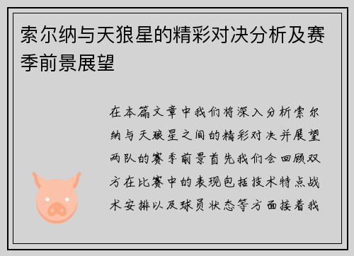 索尔纳与天狼星的精彩对决分析及赛季前景展望